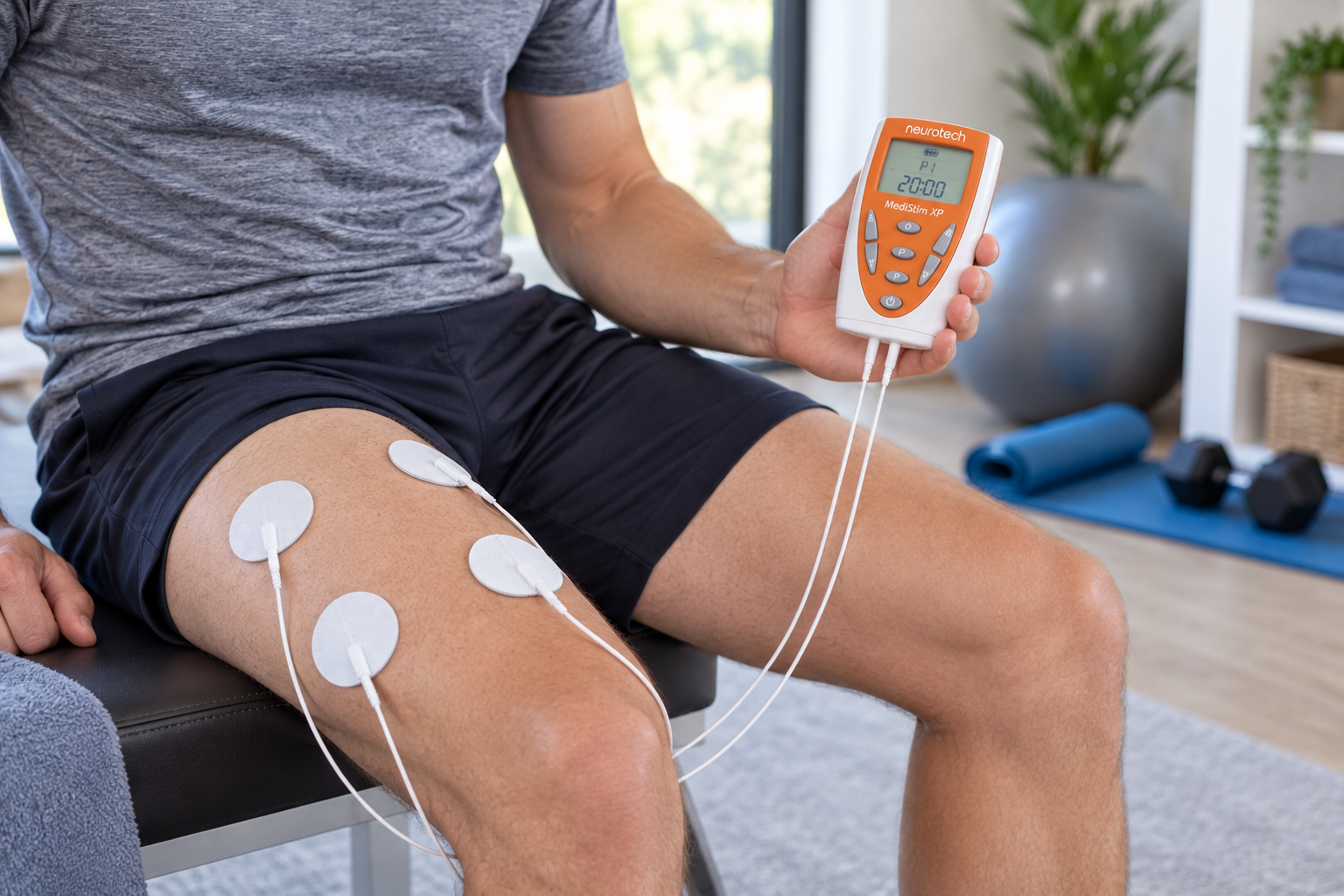 Neurotech MediStim XP NMES unit in use for muscle rehabilitation